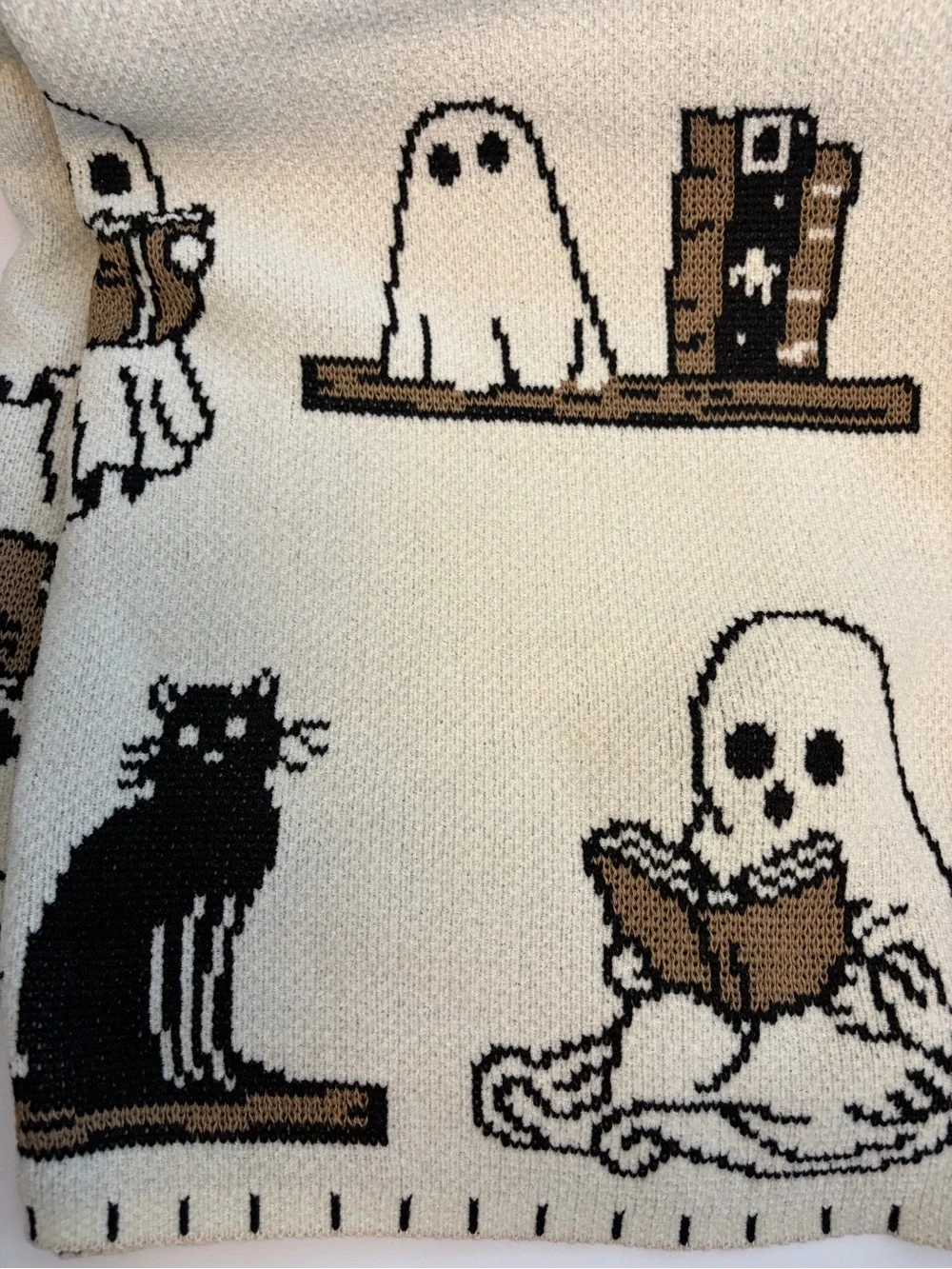 Goblin & Ghoul Ghost Reading Book Blanket Throw 50x70 with Black Cat Bookshelves